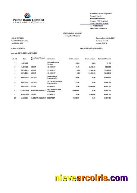 Bangladesh Prime Bank Limited statement of account Word and PDF, version 2